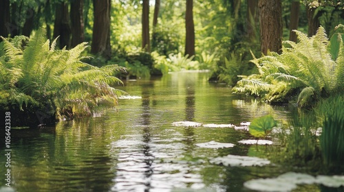 A serene forest scene with a calm stream surrounded by lush greenery and ferns.