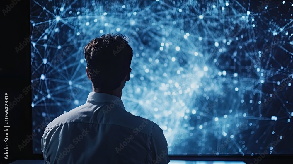 Businessman working on AI-driven data on a digital screen, visualizing big data, analytics, and innovation in a futuristic workspace. Businessman working on AI-driven data on a digital screen, visualizing big data, analytics, and innovation in a futuristic workspace.