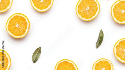 Fresh orange slices and leaves on a white background.