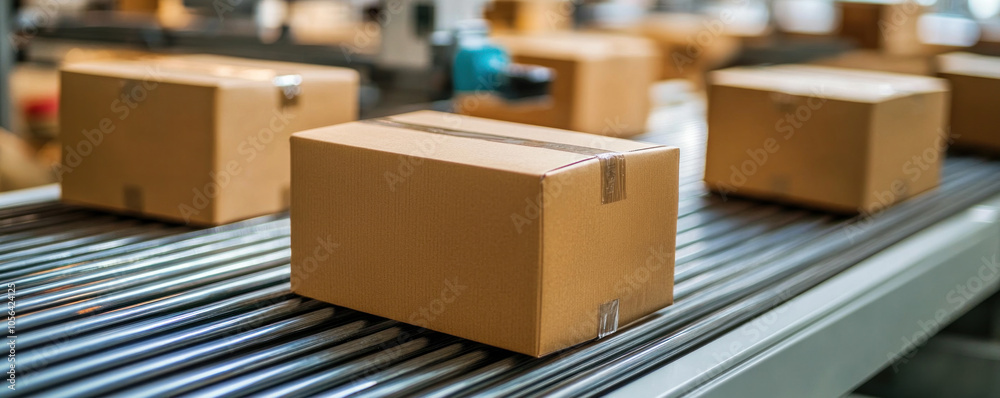 A conveyor belt with several brown boxes on it. The boxes are lined up and appear to be in the process of being sorted or packaged. The conveyor belt is moving A conveyor belt with several brown boxes on it. The boxes are lined up and appear to be in the process of being sorted or packaged. The conveyor belt is moving