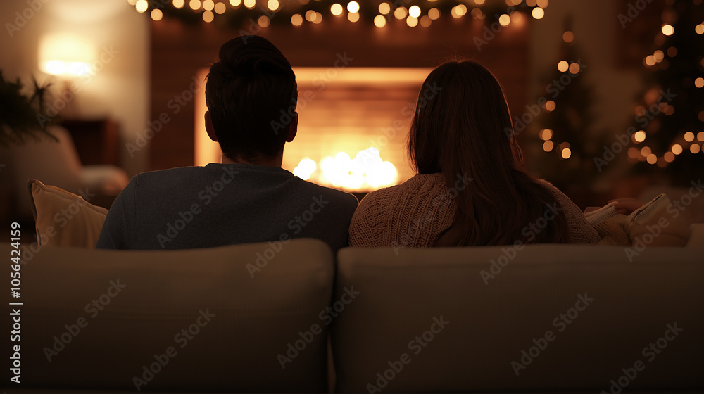 Fireplace warmth, couple sitting together Fireplace warmth, couple sitting together