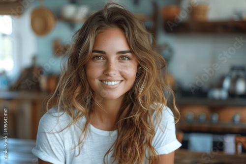 Smiling young woman in white t-shirt at kitchen table looking into camera, close up