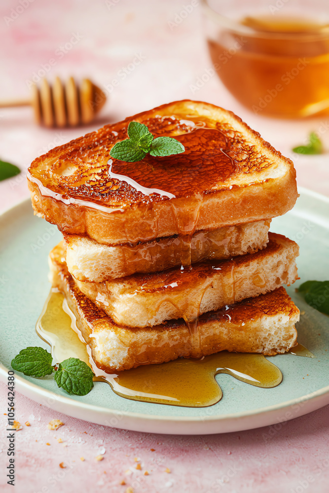 Deliciously artistic honey toast stack with symmetrical arrangement and drizzled syrup Deliciously artistic honey toast stack with symmetrical arrangement and drizzled syrup