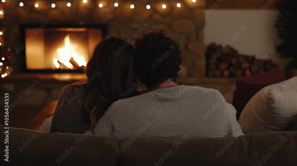Lovers on couch, warm fireplace ambiance