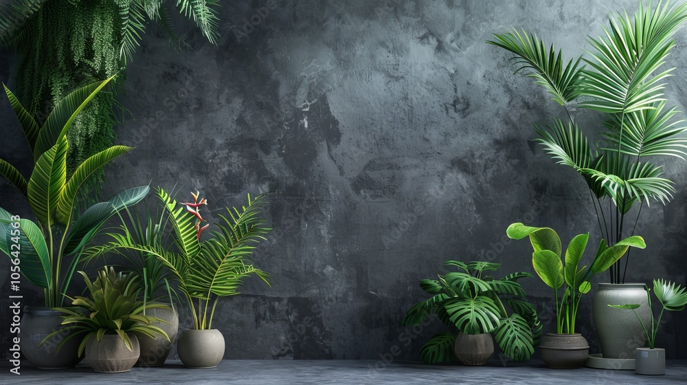 A stylish indoor garden featuring a variety of lush green plants in pots, set against a dark concrete wall, creating a serene and modern atmosphere. A stylish indoor garden featuring a variety of lush green plants in pots, set against a dark concrete wall, creating a serene and modern atmosphere.