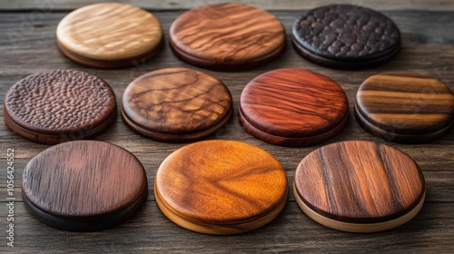 A collection of ten round wooden coasters, arranged in a circle on a wooden surface.