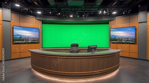 modern news studio with an anchor desk in the foreground and a large greenscreen wall behind it. LED panel lighting creates an even