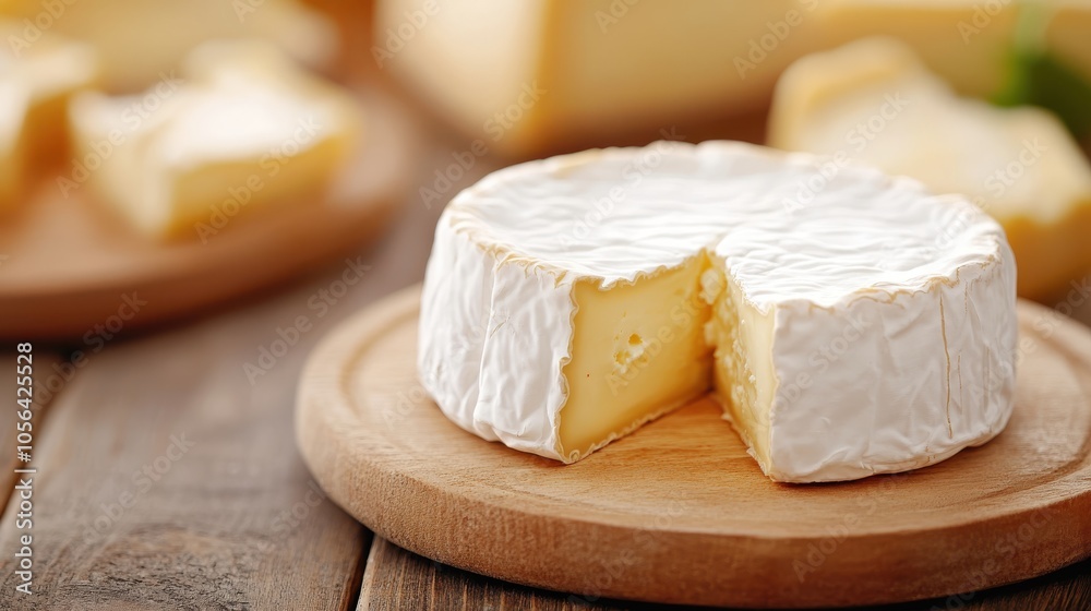 A creamy, round cheese with a soft rind sits on a wooden board, slightly cut to reveal its texture, in a bright setting, suggesting elegance and simplicity in cuisine.