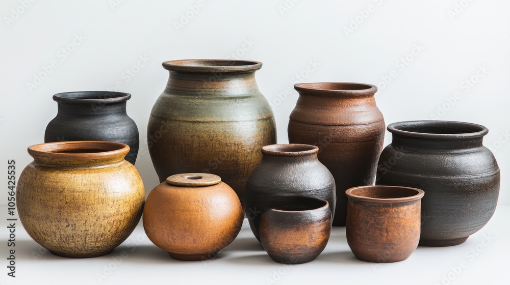 A collection of eight ceramic pots in different sizes and shades of brown, arranged in a row on a white surface. A collection of eight ceramic pots in different sizes and shades of brown, arranged in a row on a white surface.