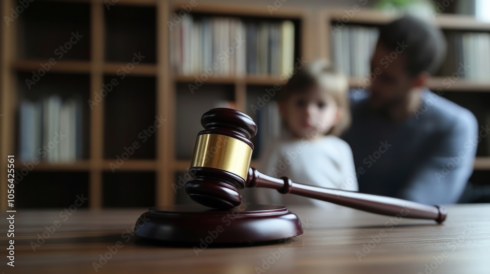 Legal gavel on a desk with a distant child in the background, child custody case generative ai Legal gavel on a desk with a distant child in the background, child custody case generative ai