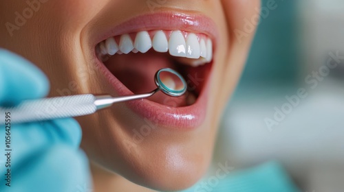 A close-up view of a patient's open mouth during a dental examination, with a focus on the dentist's mirror being used to inspect the teeth, highlighting dental health.