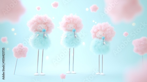 Three cute fluffy characters with pink hair and blue dresses, singing with microphones in front of a light blue background with pink flowers.