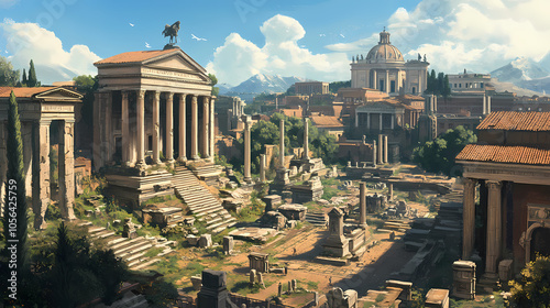 The roman forum, showcasing both its well-preserved and ruined sections. Roman Forum. Illustration