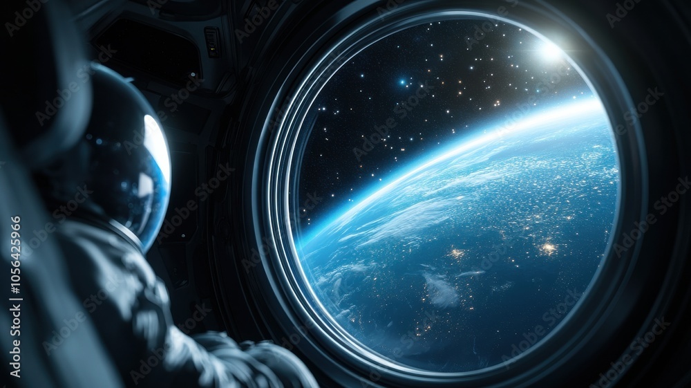 An astronaut gazes out of a spacecraft window, marveling at the stunning view of Earth against the backdrop of space. An astronaut gazes out of a spacecraft window, marveling at the stunning view of Earth against the backdrop of space.