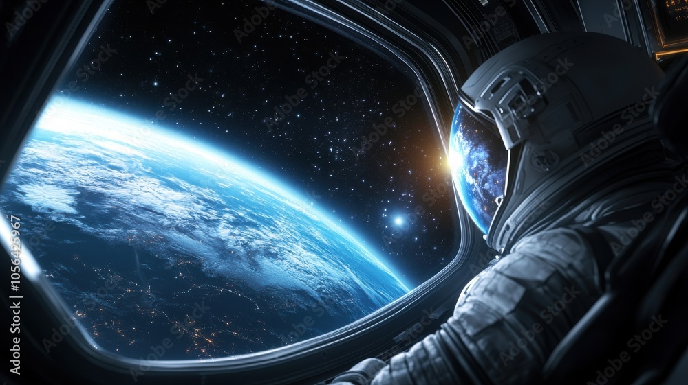 An astronaut gazes out at Earth from a spacecraft window, capturing the beauty of space and the planet beyond. An astronaut gazes out at Earth from a spacecraft window, capturing the beauty of space and the planet beyond.