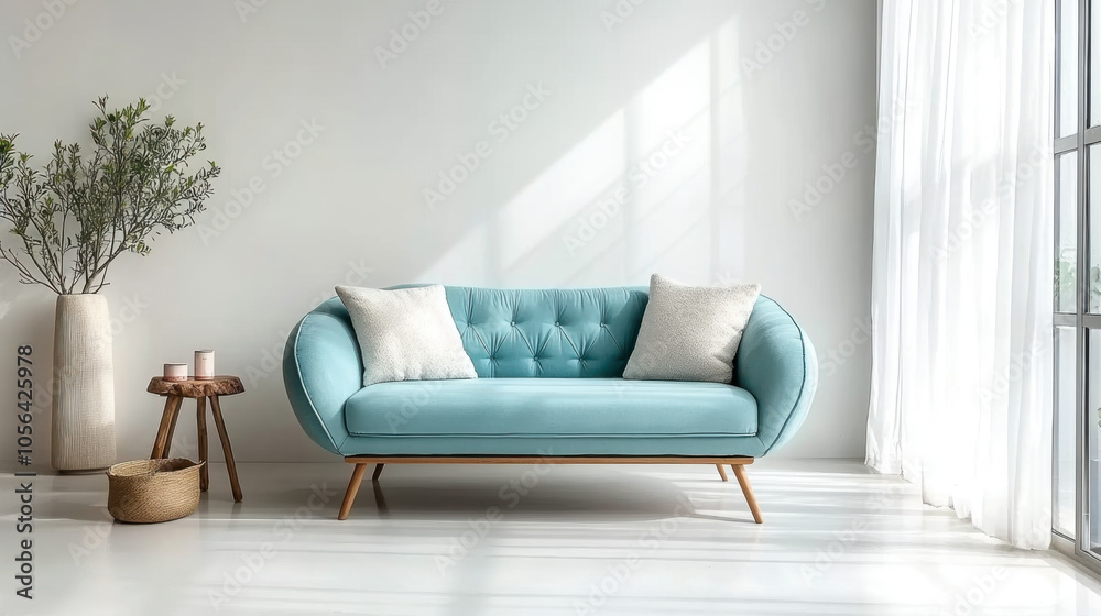 sofa in spacious room against blank white wall with copy space Scandinavian interior design of modern living room sofa in spacious room against blank white wall with copy space Scandinavian interior design of modern living room
