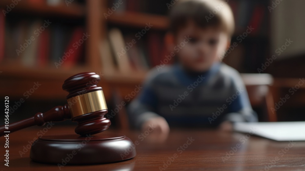 Legal gavel on a desk with an unfocused boy sitting in the background generative ai