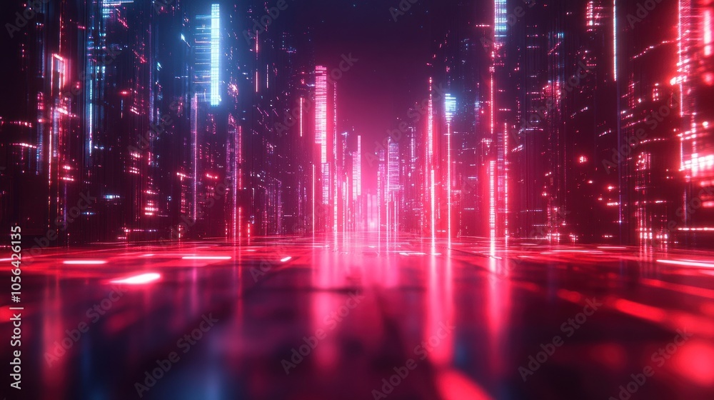 Futuristic city with glowing red and blue lines. Futuristic city with glowing red and blue lines.