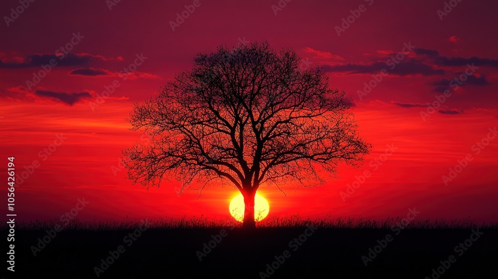 Silhouette of a tree against a fiery sunset sky.