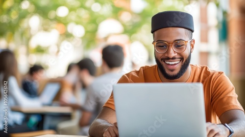 A young man, wearing glasses and a hat, smiles while working on his laptop outdoors, emphasizing themes of remote work, happiness, and modern technology connectivity.