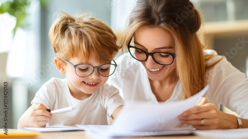 A mother and her young child, both wearing glasses, are joyfully collaborating on homework at a table, fostering learning and bonding in a bright, cozy setting.