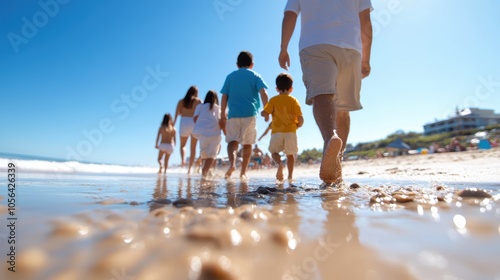 A family clad in summer attire strolls along the shiny beachside, forming a harmonious line, capturing a moment of pure joy and togetherness under the bright sun. photo