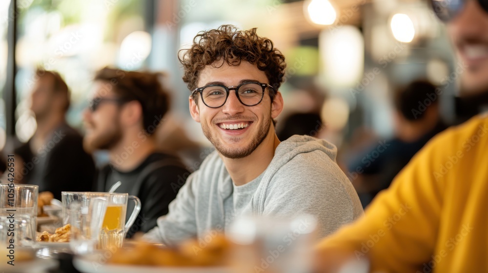 A young man with curly hair and glasses smiles warmly while seated inside a bustling café, where people are engaged in animated conversations around him. A young man with curly hair and glasses smiles warmly while seated inside a bustling café, where people are engaged in animated conversations around him.