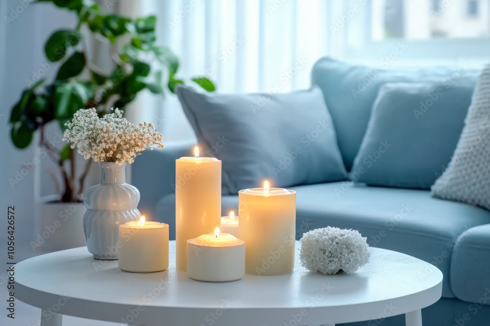 Close up of candles on white coffee table near blue sofa. Scandinavian living room Close up of candles on white coffee table near blue sofa. Scandinavian living room
