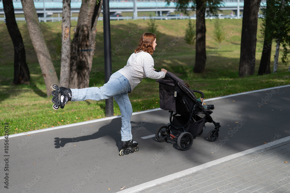 Caucasian woman roller skating with her toddler son in a stroller. Caucasian woman roller skating with her toddler son in a stroller.