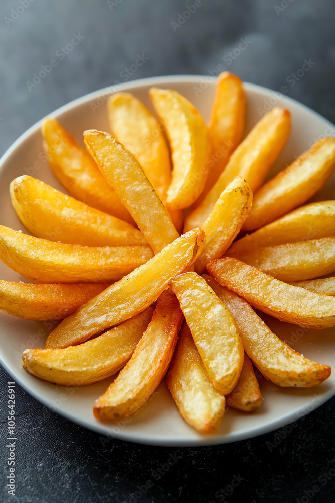 Deliciously arranged fries a petal-inspired delight on a round plate Deliciously arranged fries a petal-inspired delight on a round plate