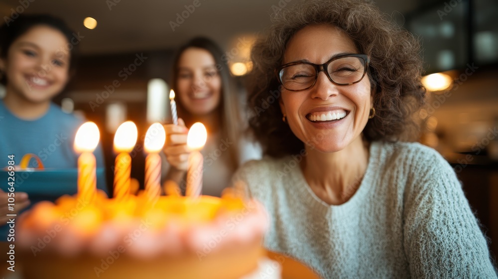 A joyful woman in glasses celebrates her birthday; two others smiling in the background highlight the warmth and togetherness of the occasion.