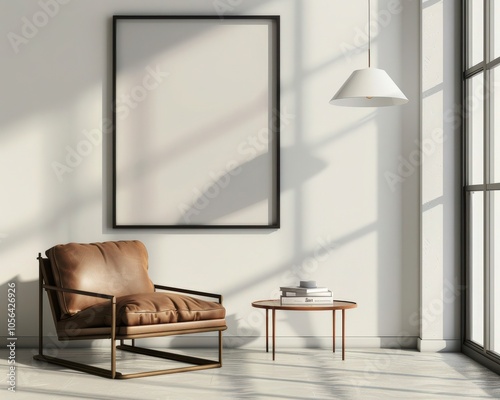 Modern living room with a leather armchair. a coffee table. and a large blank canvas frame Sunlight streams through the window casting shadows on the wall