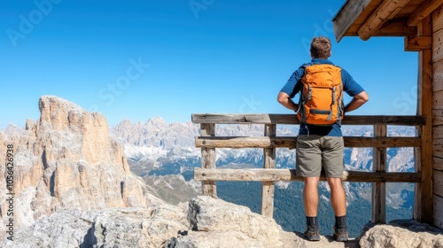 A man wearing a blue shirt and orange backpack stands on a rocky cliff, taking in breathtaking mountain vistas with clear skies, embodying the spirit of adventure. photo