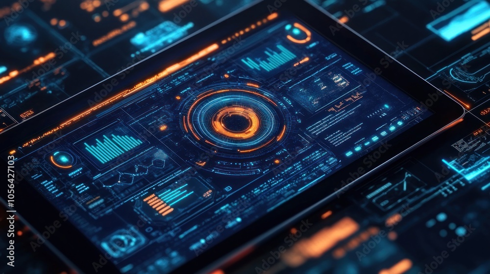 A tablet screen displays futuristic data and a glowing circular interface. A tablet screen displays futuristic data and a glowing circular interface.