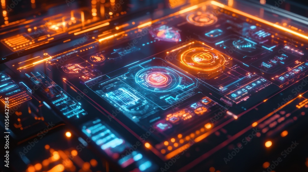 Futuristic glowing interface with digital data and information displayed on a screen. Futuristic glowing interface with digital data and information displayed on a screen.