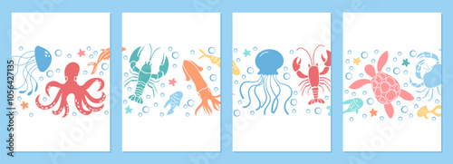 Underwater marine life poster illustration with vibrant sea creatures and coral reefs. Colorful oceanic design template and backgrounds create a fantastic aquatic scene with lively characters.