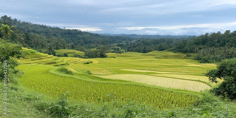 Lush green rice terraces under a cloudy sky, showcasing agricultural beauty. Lush green rice terraces under a cloudy sky, showcasing agricultural beauty.