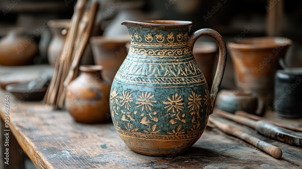 A blue and brown ceramic pitcher with intricate patterns sits on a wooden table surrounded by other pottery pieces. A blue and brown ceramic pitcher with intricate patterns sits on a wooden table surrounded by other pottery pieces.