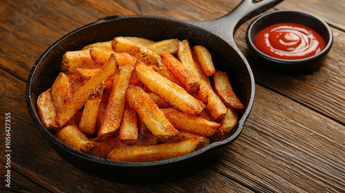 Delicious paprika-dusted fries served in a cast iron skillet with ketchup photo