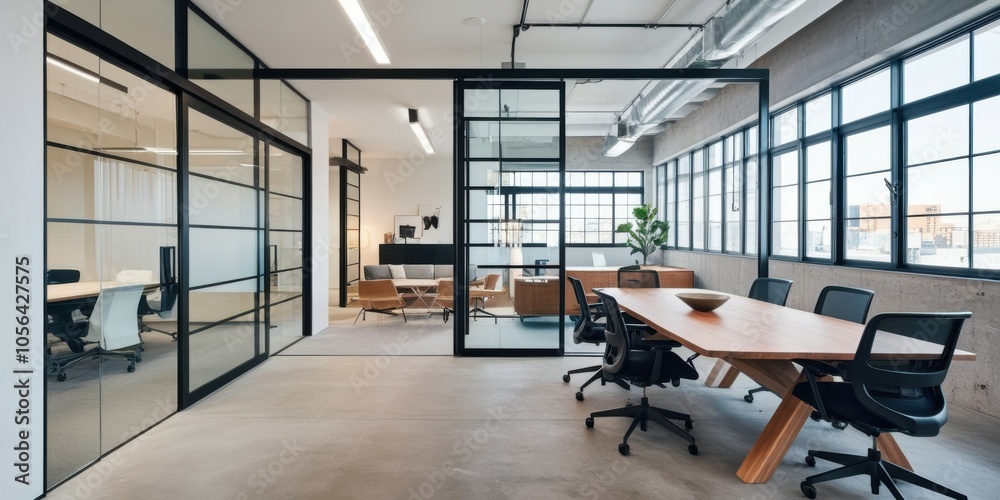 modern office interior, open workspace, glass partitions, minimalist design, ergonomic furniture, natural light, hardwood floors, ceiling lights, sleek conference table, office chairs, clean aesthetic modern office interior, open workspace, glass partitions, minimalist design, ergonomic furniture, natural light, hardwood floors, ceiling lights, sleek conference table, office chairs, clean aesthetic