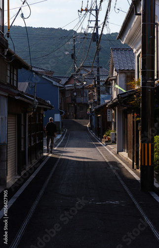 夕暮れ時の城下町・西日が当たる古い通り / 山口県岩国市岩国