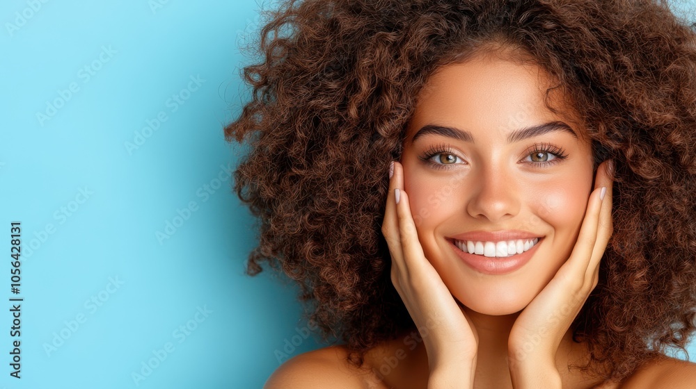 A woman with curly hair and radiant skin smiles joyfully against a calming blue background, conveying beauty and happiness in a fresh and lively manner. A woman with curly hair and radiant skin smiles joyfully against a calming blue background, conveying beauty and happiness in a fresh and lively manner.