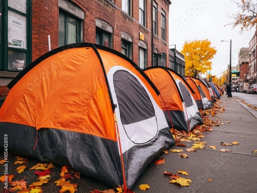 Colorful tents lined on a city street, surrounded by autumn leaves and historic buildings, showcasing urban camping vibes. photo