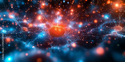 Abstract illustration of a neuron with glowing connections and red and blue bokeh.