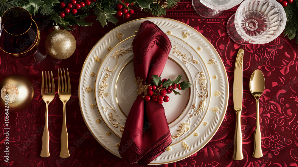 Elegant holiday table setting with red and gold accents for festive Christmas dinner Elegant holiday table setting with red and gold accents for festive Christmas dinner