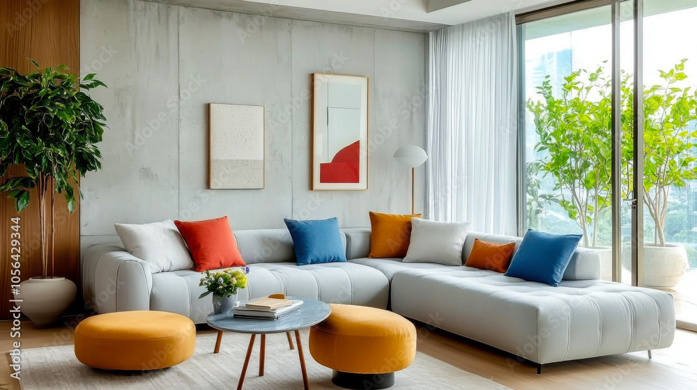 Fototapeta premium Loft and minimalist interior design of modern living room and sofa against concrete wall