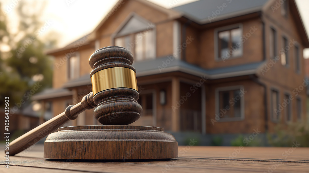 Concept of home ownership and law with judge’s gavel and luxury house background Concept of home ownership and law with judge’s gavel and luxury house background