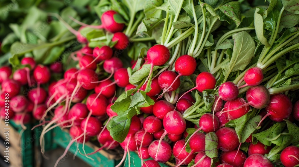 Obraz premium red radishes in bunches on the market stand,