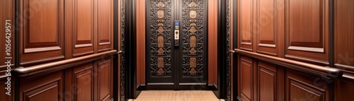 Elegant wooden elevator interior featuring ornate doors, offering a luxurious and welcoming ambiance for passengers.