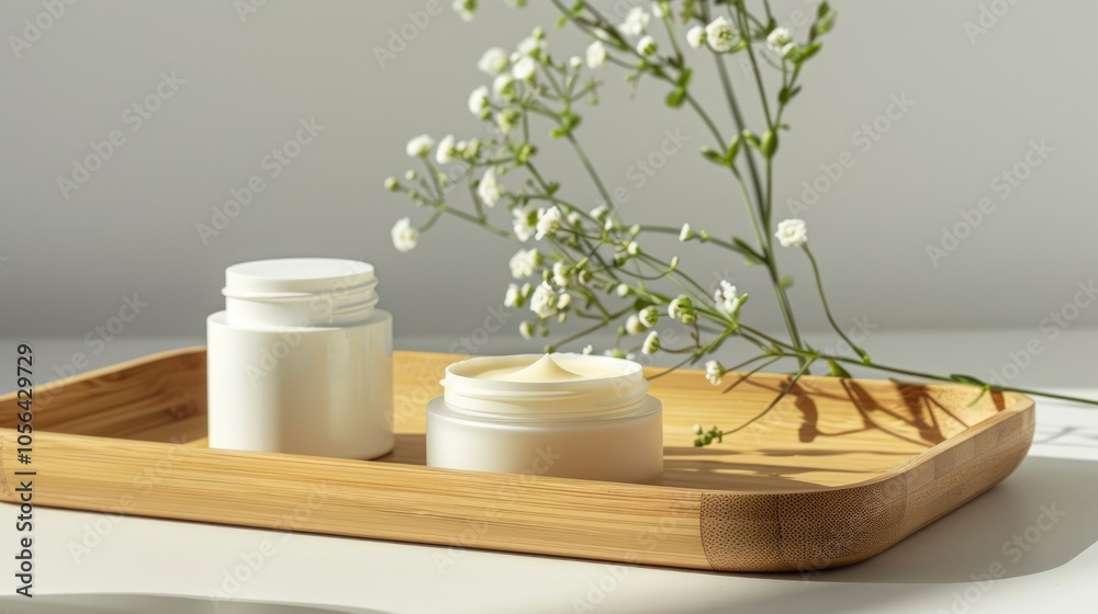 Anti-aging collagen facial cream displayed on wooden tray against white background, emphasizing natural organic beauty concept.
